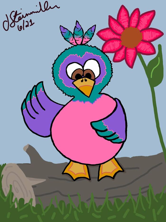 Bird Drawn On Paper Uploaded And Background Added Digitally.