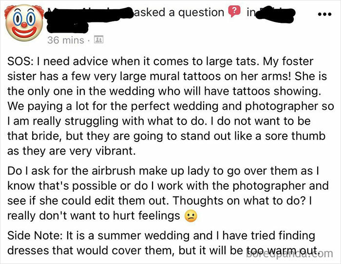 Another Bride Wanting To Cover Up A Family Member’s Body To Fit Her Perfect Day Aesthetic
