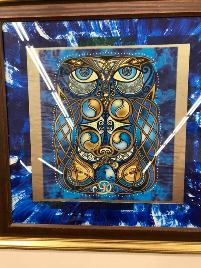 Collage Paper Owl Pasted On Blue Paint Mess On Canvas Board... Very Shiny At Salvation Army In Somerville Ma