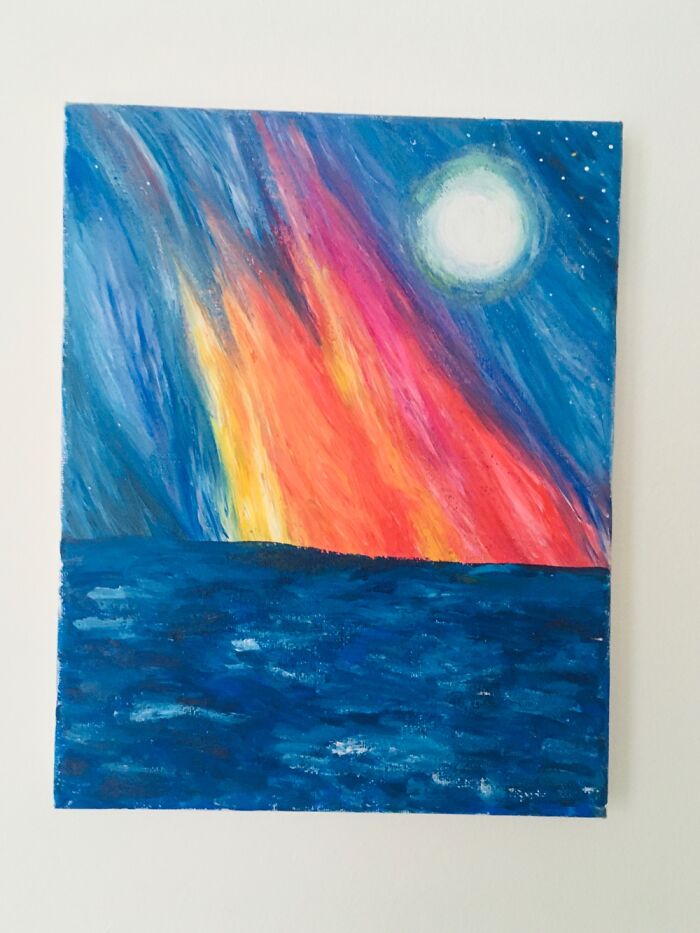 Acrylic Painting Of The Northern Lights Over Sea