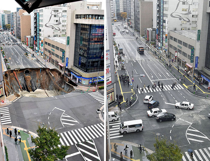 Japón repara un socavón en la ciudad de Fukuoka en 2 días