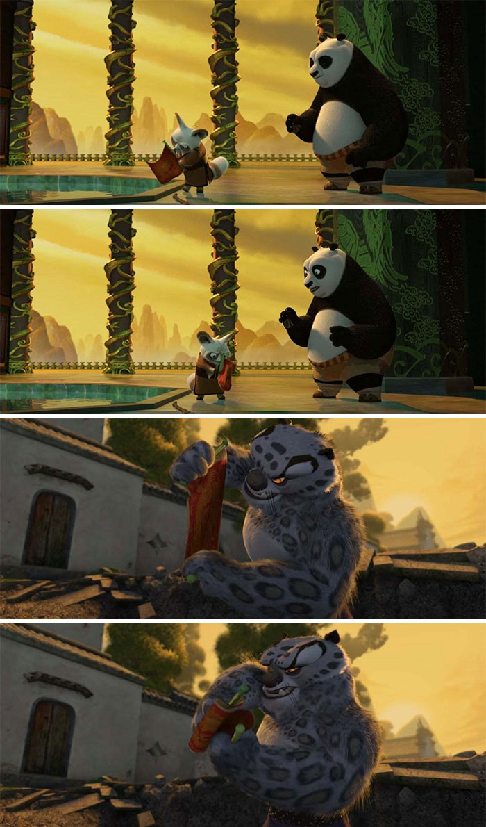 En Kung Fu Panda (2008), cuando Shifu y Tai Lung vieron por primera vez el rollo de dragón en blanco, tuvieron las mismas reacciones iniciales: Mirarlo de reojo y doblarlo y abrirlo de nuevo. De tal palo, tal astilla