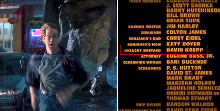 In The Lost World: Jurassic Park (1997), The Man Who's Eaten By The T-Rex Because He Tried To Push On A "Pull" Door Is The Film's Screenwriter, David Koepp. He Is Listed In The Credits As "Unlucky Bastard"