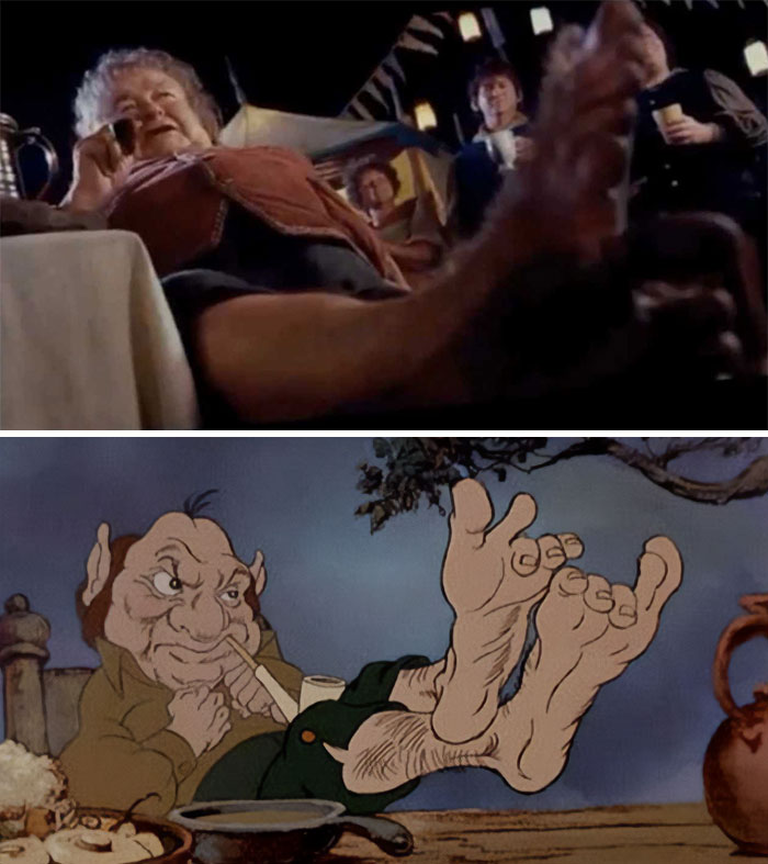 En El Señor de los Anillos: La Comunidad del Anillo (2001), el plano de Odo Ganapié con los pies en el aire es un homenaje directo a la adaptación animada de 1978 de El Señor de los Anillos, dirigida por Ralph Bakshi