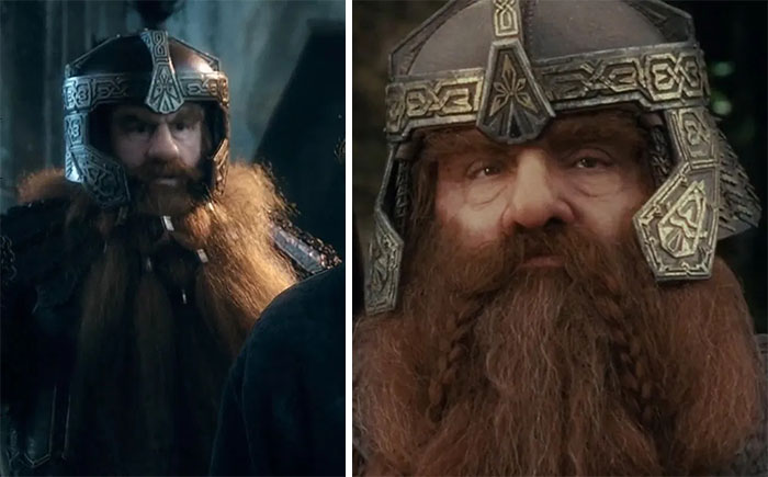 En El Hobbit: La Batalla de los Cinco Ejércitos (2014), Gloin lleva un distintivo casco en una escena. Su hijo Gimli lo heredará más tarde y lo llevará durante El Señor de los Anillos
