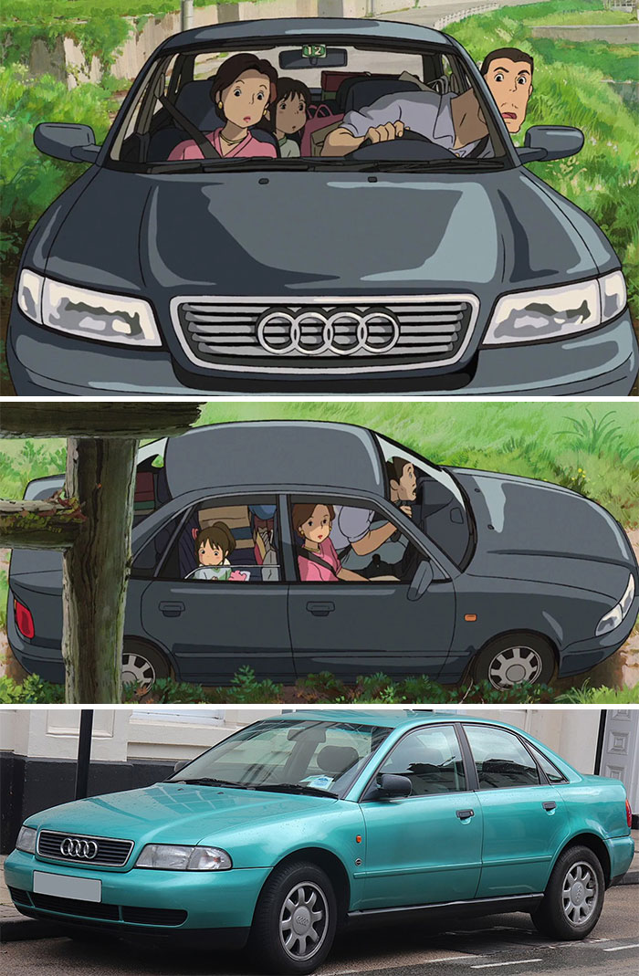 In Spirited Away (2001), The Family Car Is Based On The First-Generation Audi A4 1.8t, From The Mid-1990s. The Production Team Even Drove Around An Audi A4 1.8t On Some Jagged Roads And Recorded The Sounds To Make The Film As Accurate As Possible