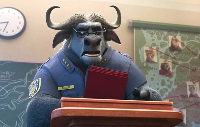 In Zootopia (2016), Chief Bogo Wears Eyeglasses To Read Documents. This Is A Reference To The Fact That Buffalo Have Poor Eyesight. Confirmed By The Directors In A Q&a