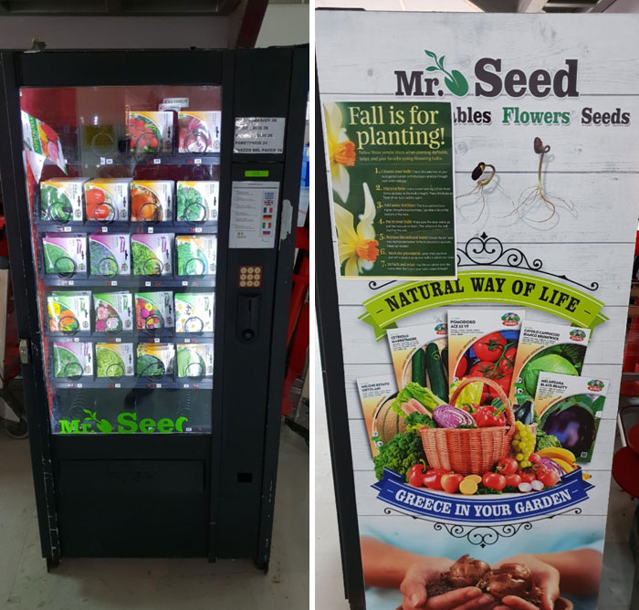 Esta máquina expendedora en Grecia está llena de semillas para cultivar hierbas, verduras y flores