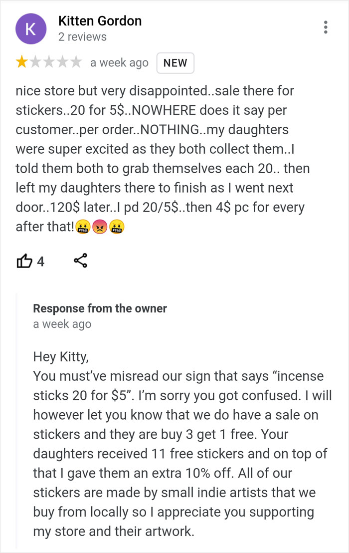 "Nice Store But Very Disappointed": Karen Leaves A 1-Star Review For A Small Business After Mistakenly Letting Her Daughters Spend $126 On Stickers
