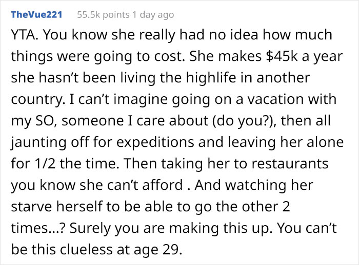 Rich Man Doesn't Realize His GF Can't Afford His Lavish Lifestyle And Skipped Meals On Vacation, Asks If He's Wrong