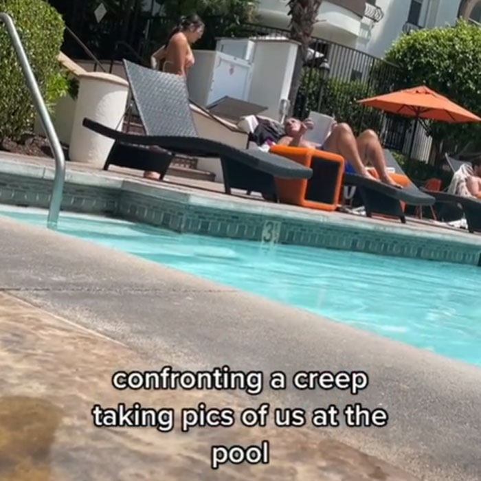 Woman Confronts A Creepy Guy Taking Photos Of Her And Her Friend At The Pool, Divides The Internet
