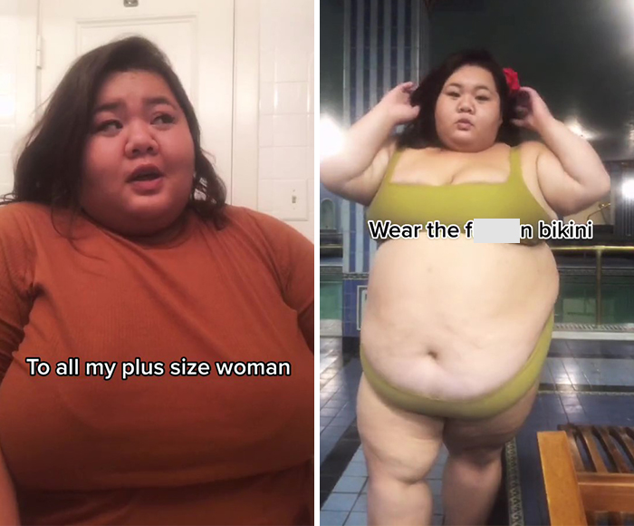 5 Side-By-Side Pictures Of Plus-Size Women Showing What Others Want Them To Wear At The Beach And What They Want To Wear, As Shared For A TikTok Trend