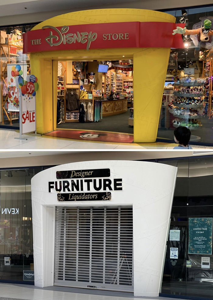 The Disney Store Of Inland Center Is Now A Furniture Store. You Can Still See The Outlines Of The Film Reels Around The Entrance, And Mickey Shapes Etched Onto The Windows