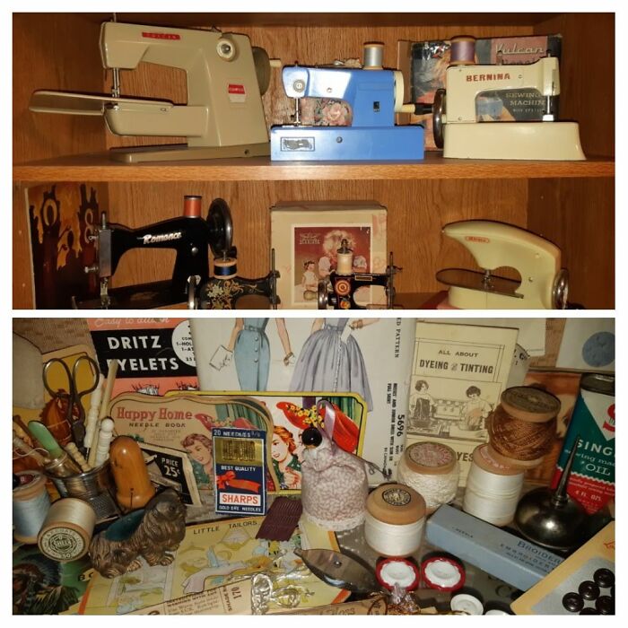 Máquinas de coser de juguete y accesorios de costura de los siglos XIX y XX. Esto es solo una muestra