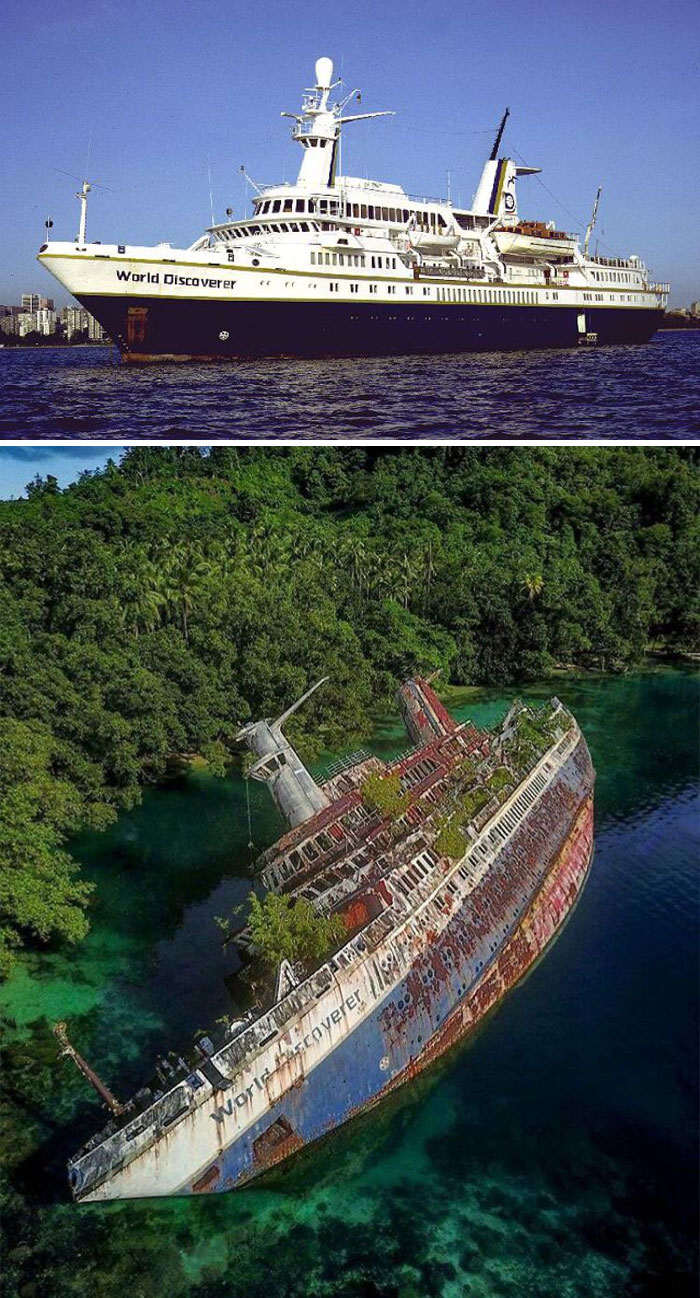 Un barco hundido llamado "World Discoverer" antes y después de su hundimiento
