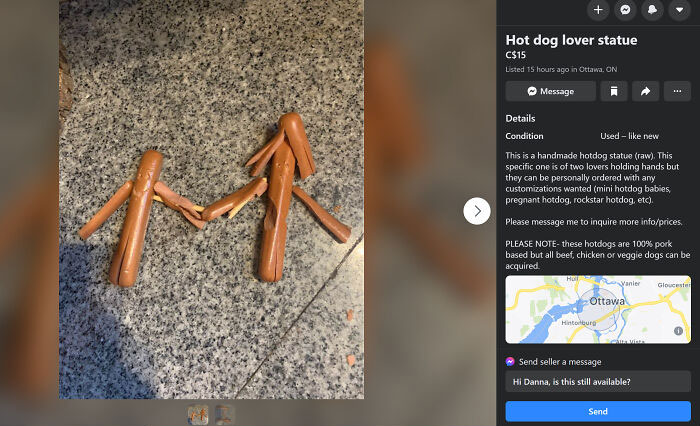Hot Dog Statue - Two Lovers Holding Hands. Can Also Be "Personally Ordered With Any Customizations Wanted (Mini Hotdog Babies, Pregnant Hotdog, Rockstar Hotdog, Etc)"