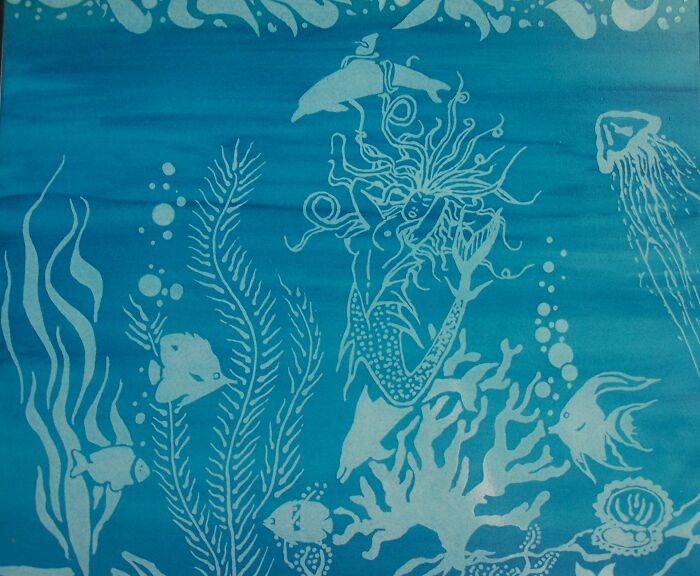 Mermaid With Dolphins Done When I Was 58. Drawn On Tile, Sandblasted, The Colored With Inks.