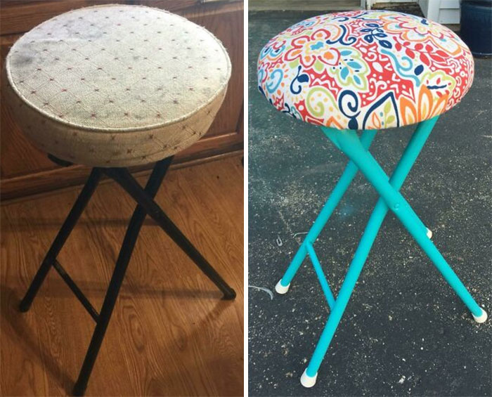 A Little Effort Can Save A Lot Of Money! Got This Stool For Free And Used One Can Of Spray Paint, Discounted Remnant Fabric, And New Rubber Feet!