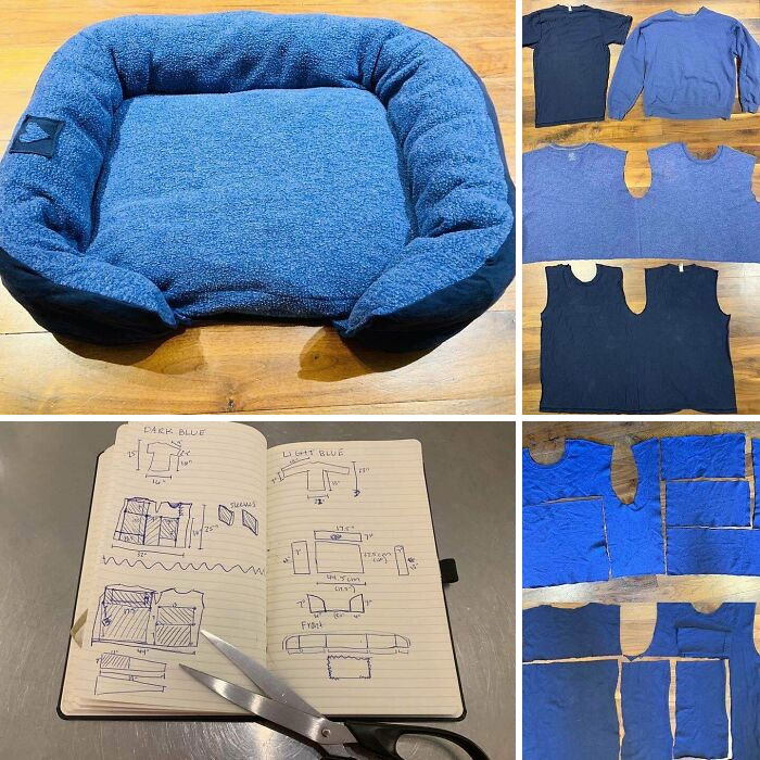 I Read That A Lot Of Donated Clothes End Up In Landfills Anyway, So Started Saving Our Old Fabrics/Textiles That Didn’t Seem Nice Enough For Resale. Finally Used Them To Make This Pet Bed!