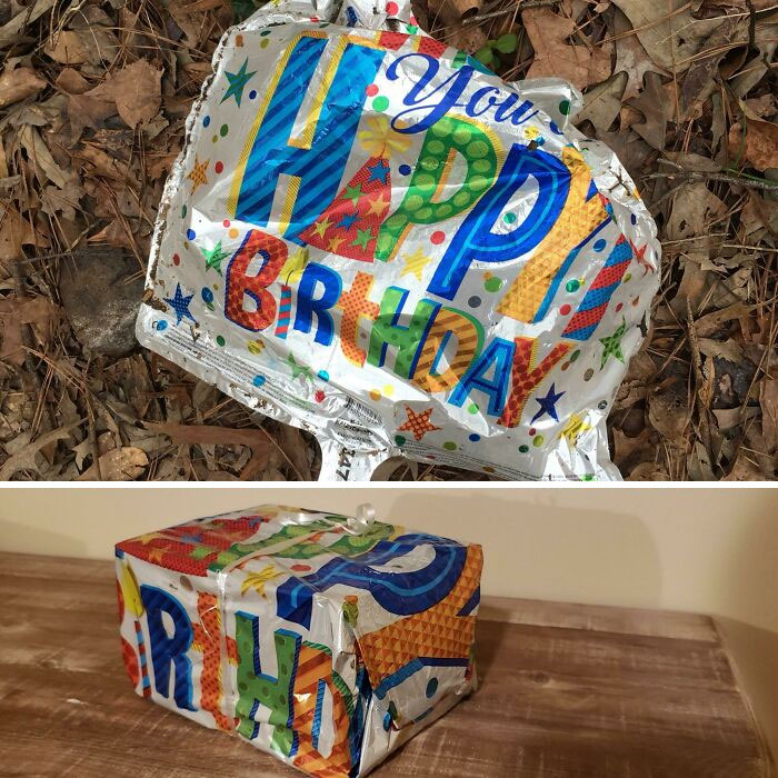 Found This Deflated Balloon On A Hike, So I Used It To Wrap My Best Friend’s Birthday Present