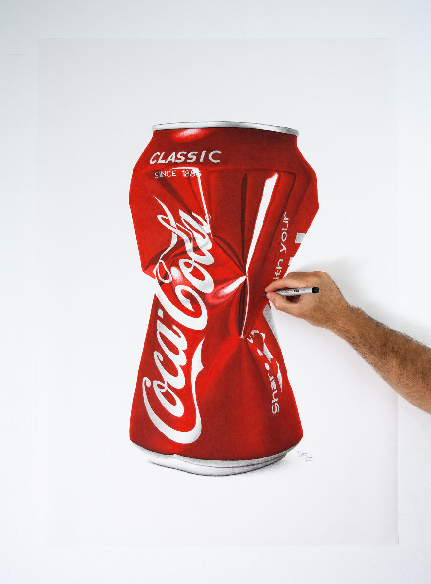 Artist Draws Huge Photorealistic Soft Drink Cans