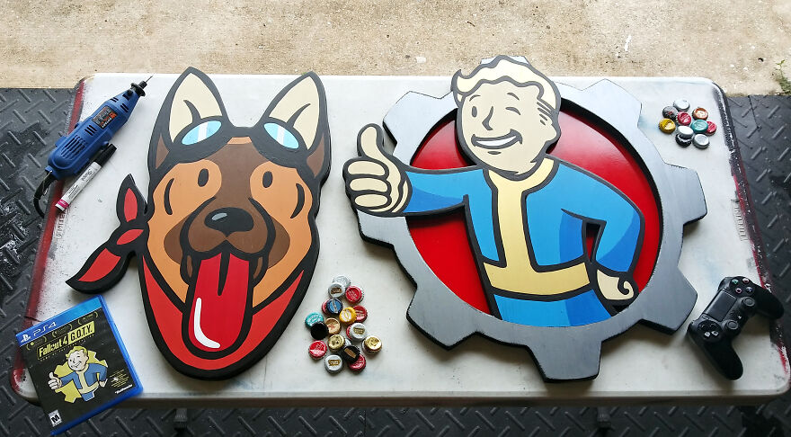 Dogmeat (Aka River) And Vault Boy Made Out Of Wood By Hand