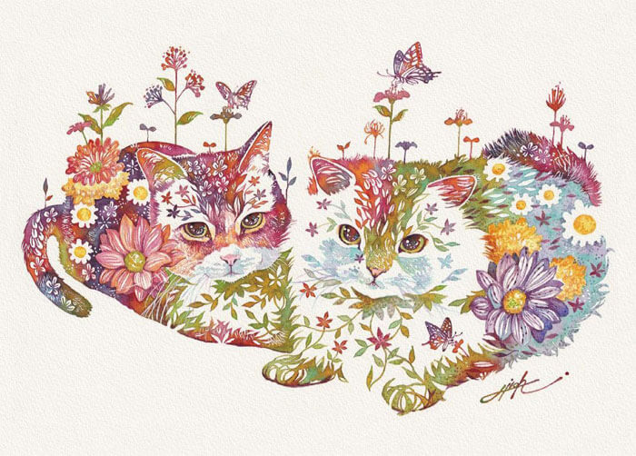 Japanese Artist Depicts Cats, Dogs, And Other Animals Using Watercolor Flower Arrangements (30 Pics)