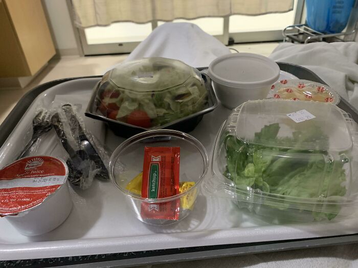Yummy American Hospital Food. Ketchup And Mustard, Salad With A Side Of Lettuce