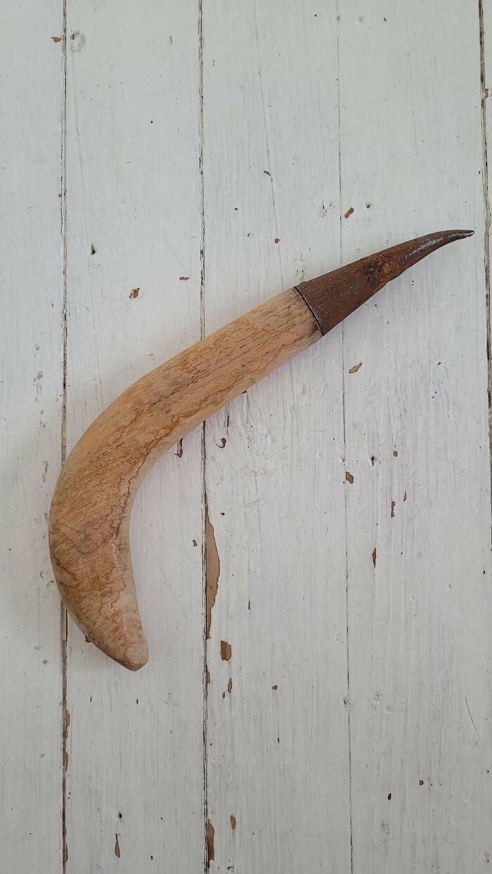 Banana Sized And Shaped Old Tool(?) Found In Old Barn In Sweden. Wooden Handle With Rusty Metal Tip