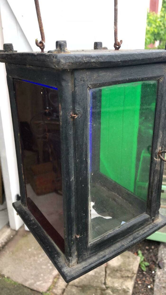 Witt Lantern With 4 Sides Of Differently Coloured Glass. Green Red White And Blue. Might Have Been Used At A Railroad Station
