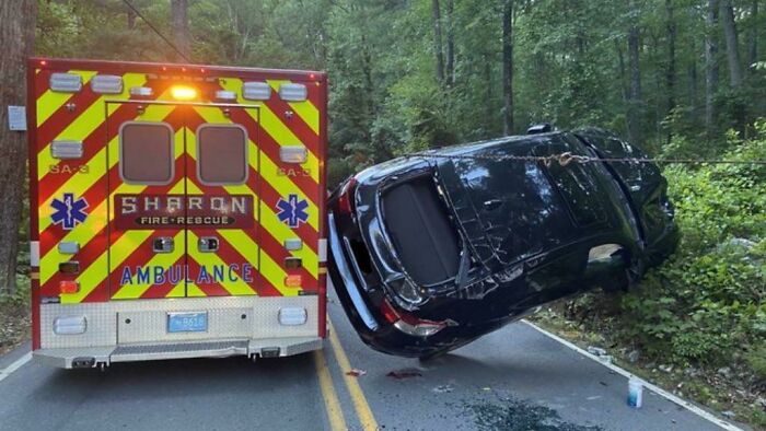 Car Crashes While Trying To Pass Ambulance Today In Massachusetts