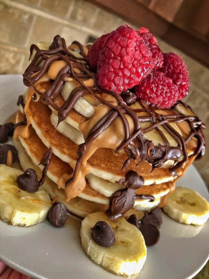 Homemade Pancakes With Chocolate, Peanut Butter And Bananas