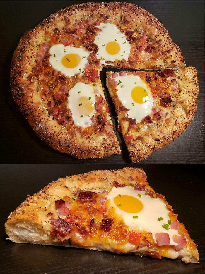Homemade Breakfast Pizza With Sausage Gravy And Cream Cheese Filled Everything Bagel Crust