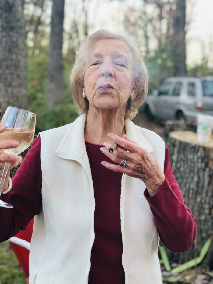 This Is My 96 Year Old Grandma, Willie. She Survived The Great Depression, Being Hit By A Fire Truck And Being In A Coma, And Losing Her Husband At A Young Age. Now She Drinks Liquor And Smokes Cigars, Still Lives Alone And Hits On Younger Men. I Love Her With Everything I’ve Got