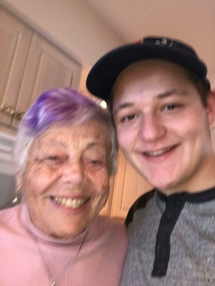 This Is My Adorable Grandmother Who Finally Decided To Go For It And Dye Her Hair Purple. Sorry For The Blurry Photo