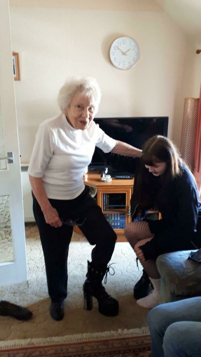 My Ninety Seven Year Old Granny Trying On My Big Shoes 