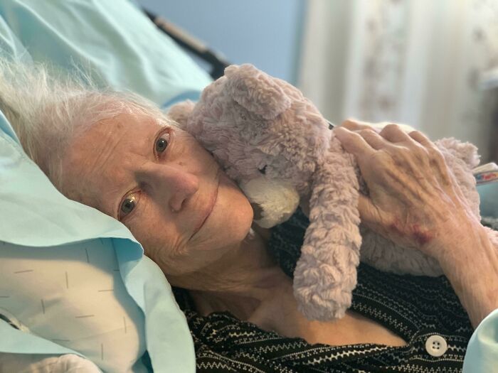My Grandmas 94 Last Week. She Has Dementia And Is Bed Ridden But She Still Has Her Good Spirits. She Loves This Teddy Bear My Cousin Gave Her. So If Me And My Mom Are Feeding Her And She Starts To Fiddle, She Holds Onto It. Love Her So Much
