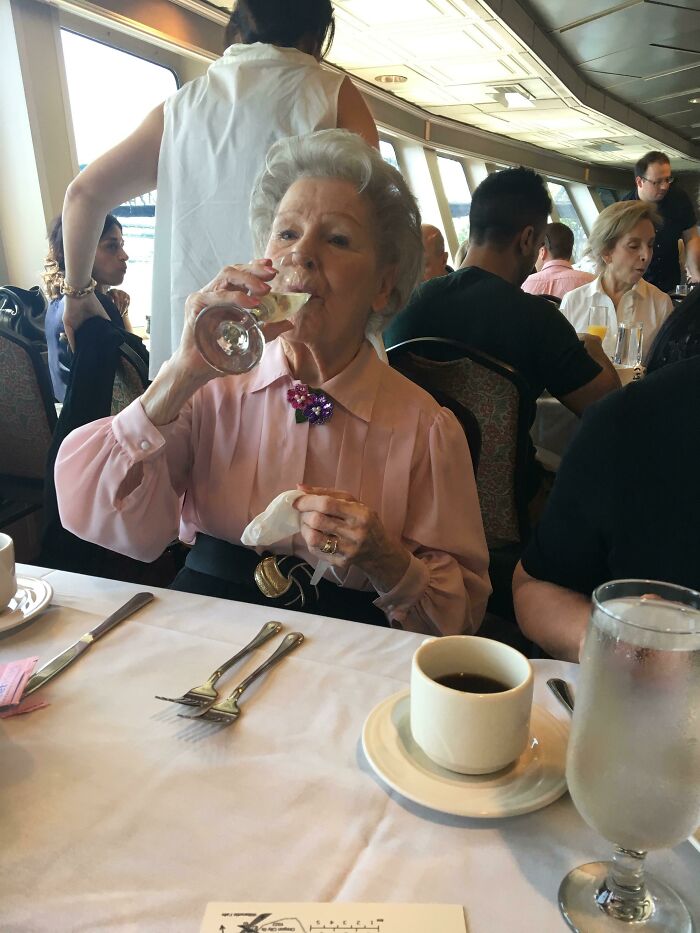 My Grandma Just Turned 95. Here She Is Downing A Glass Of Champagne On A Brunch Cruise!