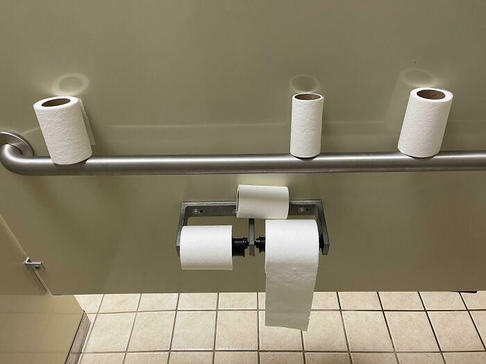 Apparently My Coworkers Think It’s Necessary To Have 6 Rolls Of Toilet Paper In Use At Once