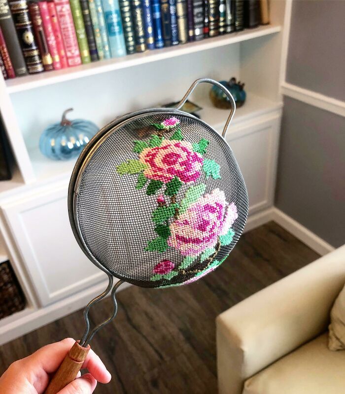 Day 5 Of Quarantine, I’ve Run Out Of Fabric And Have Had To Resort To Cross Stitching This Old Strainer. Turned Out Pretty Good I Think!