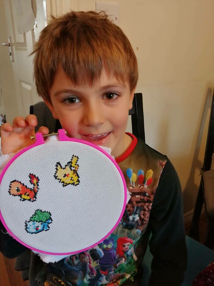 My 6 Year Old Has Been Getting In On The Cross Stitch Hype In My House Too. He's So Proud, He Wants To Show His Progress Off To Everyone!