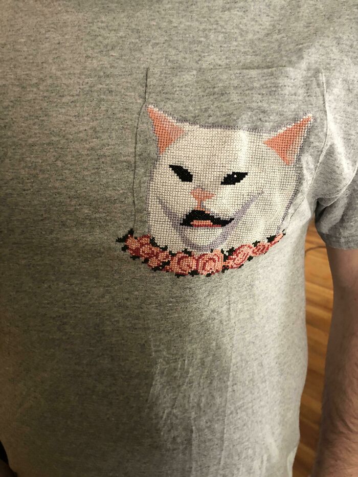 First Time Cross Stitching On Clothing And My Boyfriend’s “It’s Too Nice To Wear” Response Is Making Me Look Like This Cat