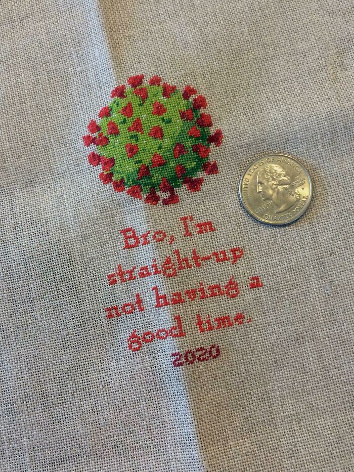 Finished A Very Tiny Quarantine Stitch! (I Had Some 32 Linen And Was Curious What It Would Look Like If I Only Stitched Over One) Thank You To U/Radioactivejellyfish For The Covid Bacteria Pattern. The Lettering Is Also A Freebie But I Couldn’t Find The Original Post To Credit The User