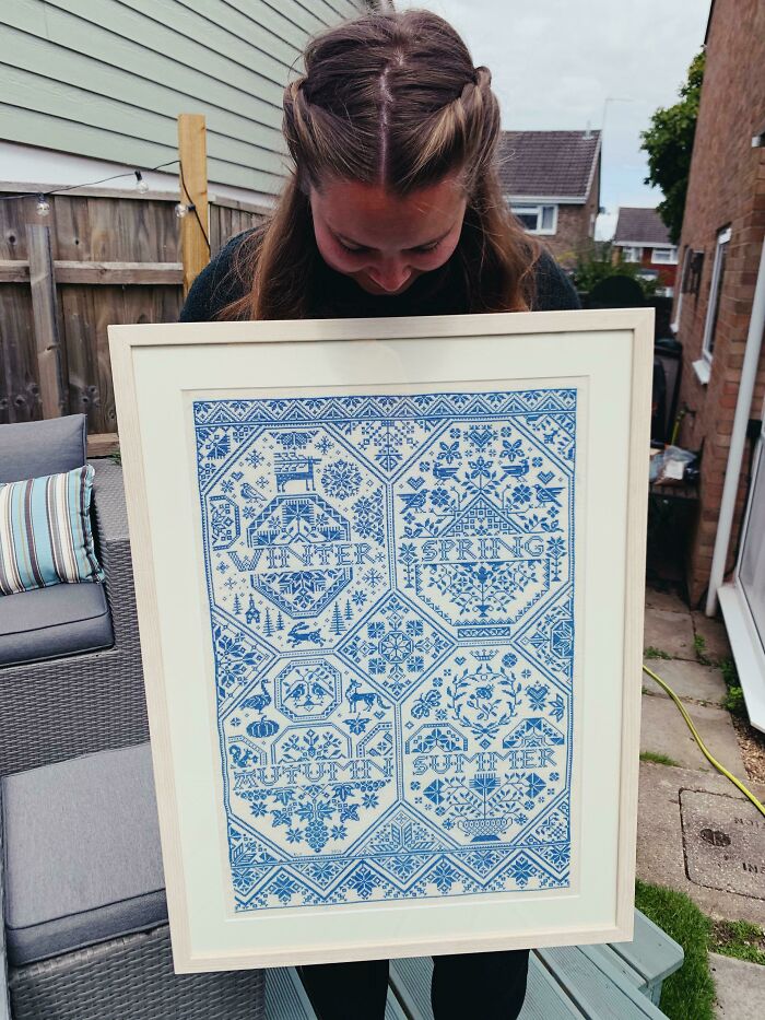 After Two Years And Over 35,000 Stitches, I’m So Proud That This Blue Beast Is Finished! Pattern By Modern Folk Embroidery
