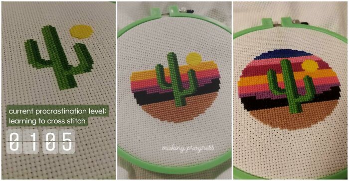 With Midterms Stressing Me Out, I Decided To Learn How To Cross Stitch. My First Project!