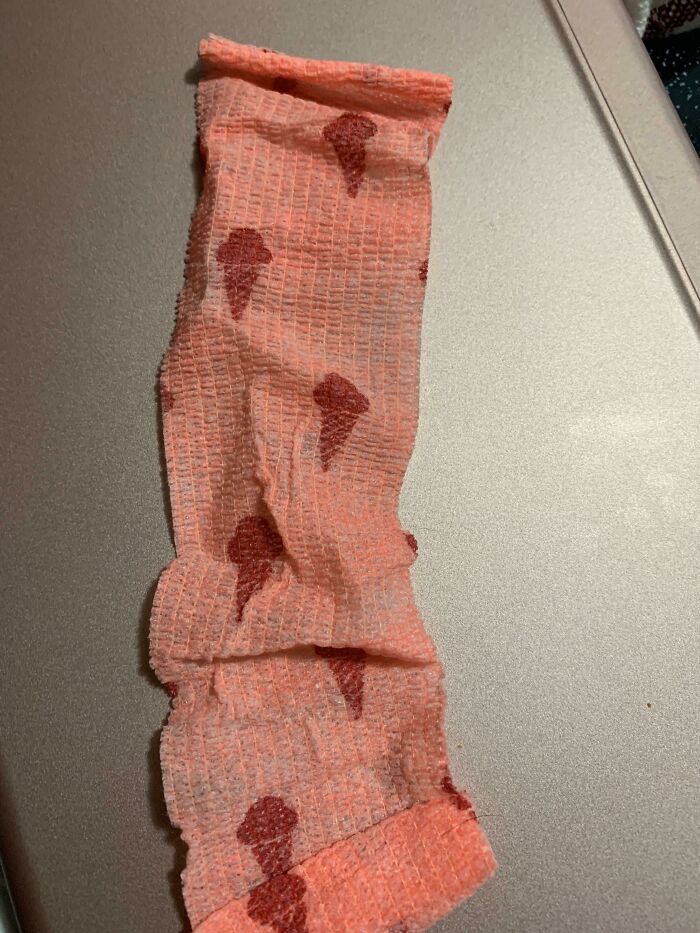 My Dog’s After-Shot Bandage. It’s Not Blood, It’s Red Ice Cream Cones, Duh!