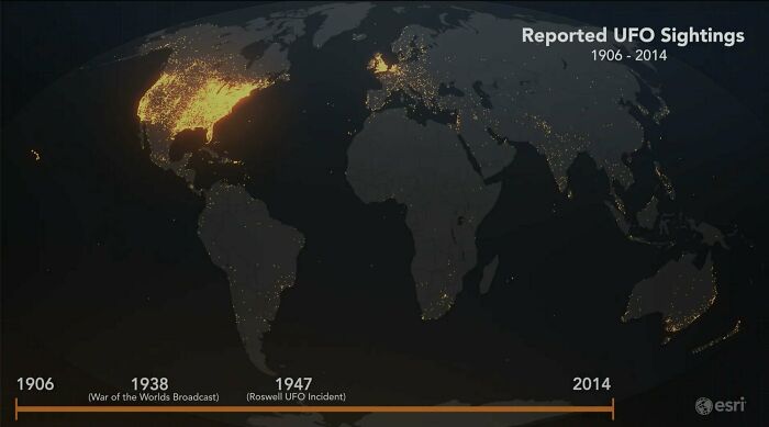 This Is A Map Of All Reported UFO Sightings, 1906-2014 (Source:esri)