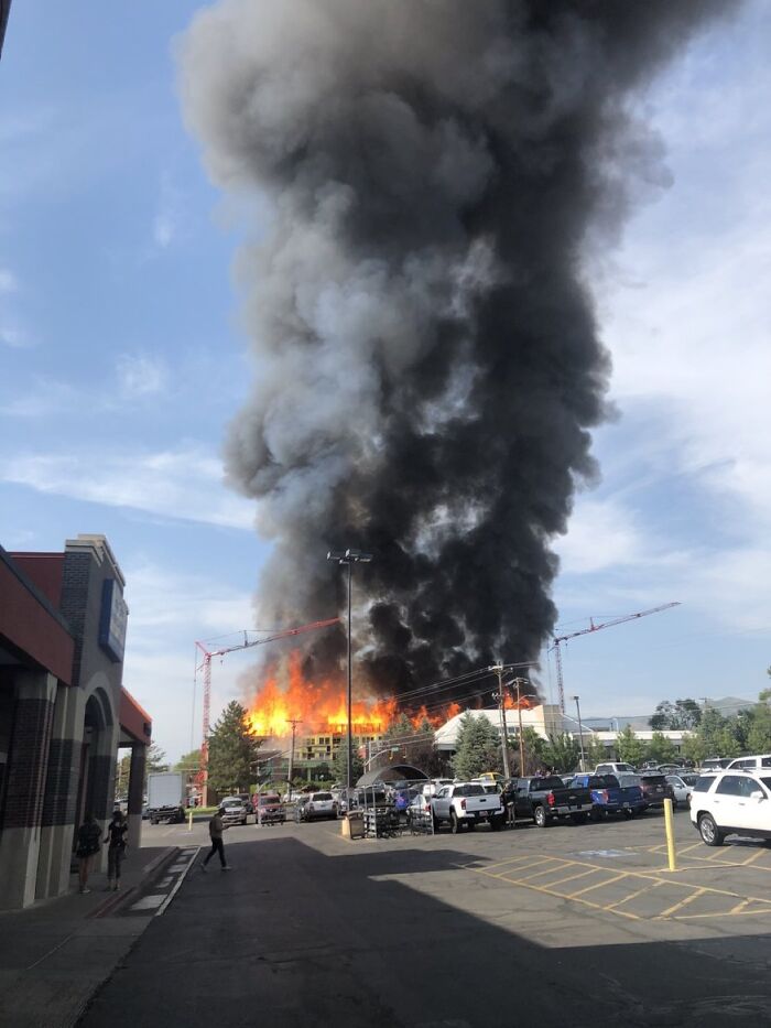 3 Alarm Fire In Salt Lake City. New Apartments Under Construction Burned Up, Took 12 Businesses With It Including A Porsche Dealership. 65 Firefighters Attended. No Injuries Or Deaths. Still Watering Down The Hotspots Tonight