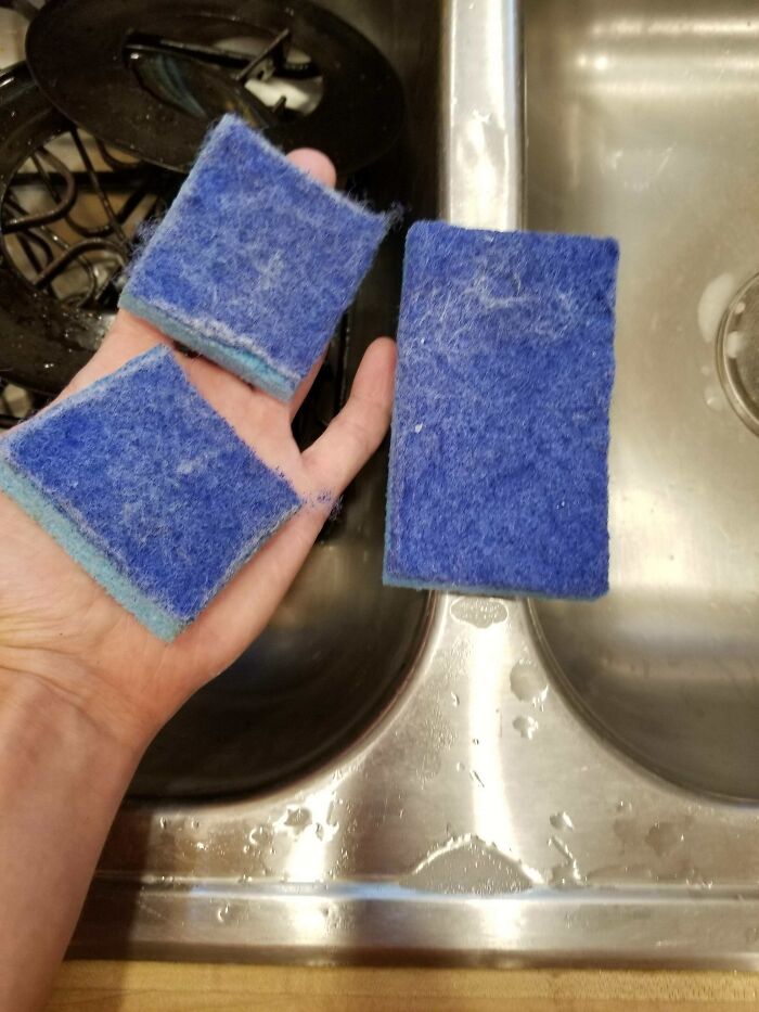 Whenever I Get A Dish Sponge That Is Past Its Lifetime For Washing Dishes, I Always Cut It In Half And Then Retire Those Sponges For Household Cleaning Around The Bathroom And Other Dirty Areas. Cutting In Half Make Sure That They Never Get Used For Dishes Again