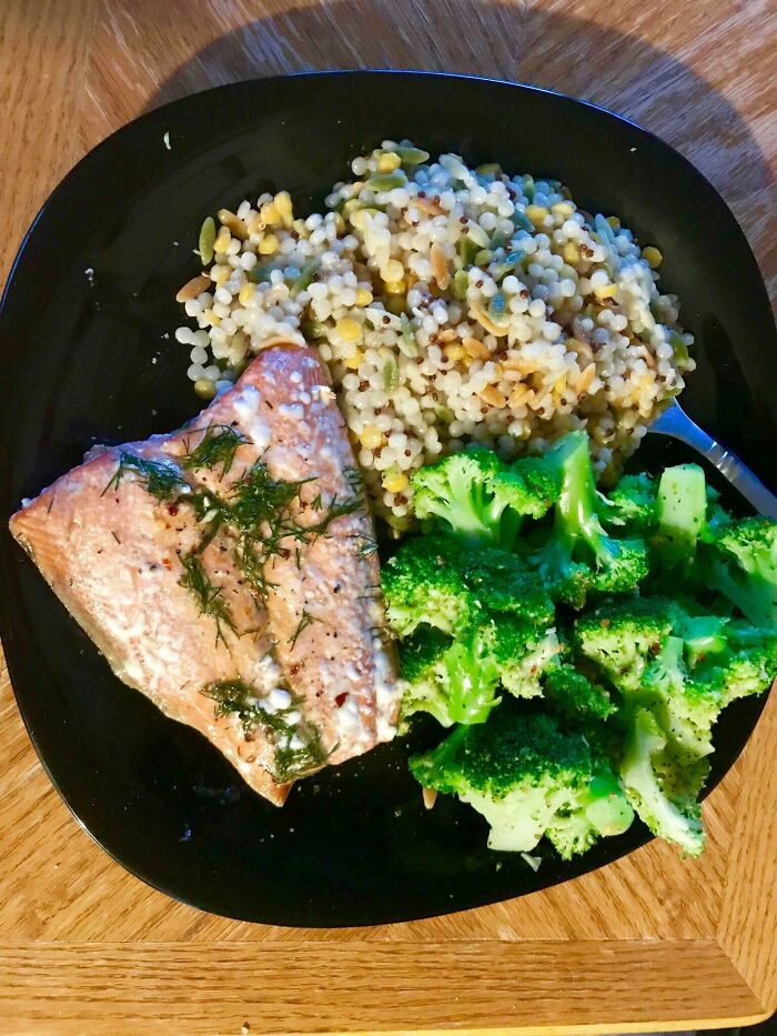 Finally Convinced My Girlfriend To Consider Cooking Meals At Home More Instead Of Eating Out. A Nice Meal Of Salmon, Organic Grain Mix And Broccoli For Two From Trader Joe’s, All For Less Than $20. A Boston Restaurant Would’ve Easily Charged Over $40. Hopefully We Keep This Trend Up!
